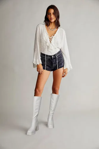 Vista 5 de SOVANYOU Botas de cuero negro con plataforma para mujer, botas de tacón grueso con punta cuadrada
