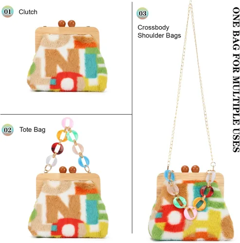 Vista 3 de Bolso de hombro de felpa de moda para mujer, bolso de noche con cierre de beso, suave y esponjoso, bolso de mano para fiesta de boda