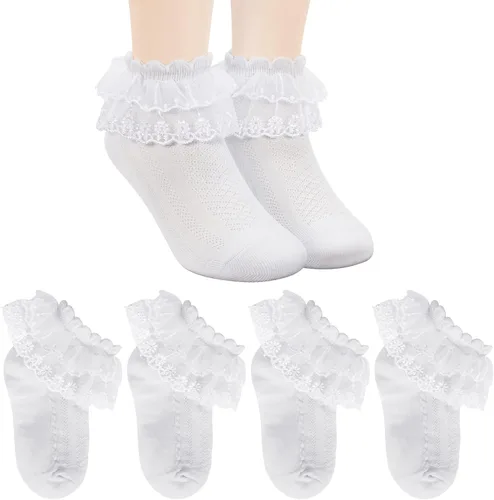 Vista 9 de Looching 45 pares de calcetines de encaje con volantes para bebé y niña, con ojales, color blanco, de princesa, de algodón, lindos calcetines