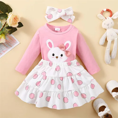 Vista 3 de Conjunto de 3 piezas de ropa para niñas con estampado de conejito + vestido de tutú + diadema para niñas