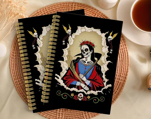 Vista 4 de Knibeo Cuaderno gótico con espiral de tapa dura con forro de arte de Santa Muerte Día de los Muertos de 5.5 x 8.3 pulgadas, cuaderno de rayas