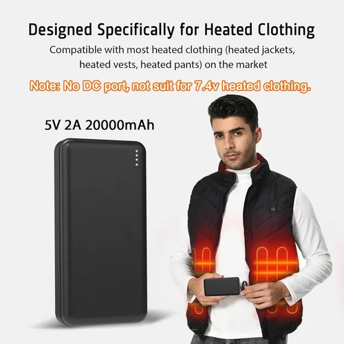 Vista 2 de Whsahans Batería de 5V 2A 20000mah para Chaleco Calefactable Chaqueta Calefactable Power Bank Batería Recargable para Chalecos Calefactables