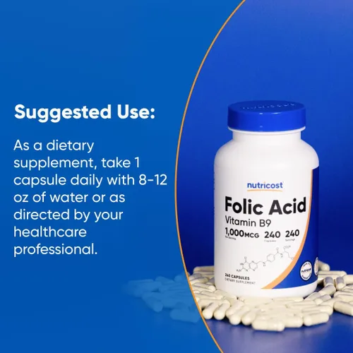 Vista 7 de Nutricost ácido fólico (Vitamina B9) 1000 mcg, 240 Cápsulas, 1 botella, 1