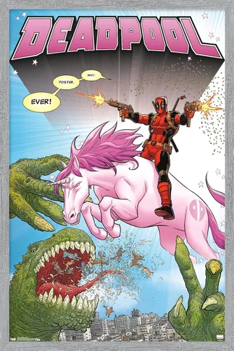 Vista 17 de Marvel Comics Deadpool - Póster de pared de unicornio, 22.4 pulgadas de largo x 14.7 pulgadas de ancho, versión enmarcada de madera de granero