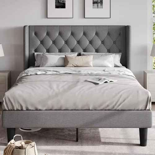 Vista 11 de HOOMIC Base de cama clásica de tamaño matrimonial con cabecera copetuda con botones en la parte trasera, plataforma tapizada con fuerte soporte
