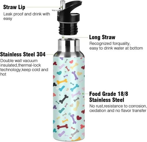 Vista 3 de Stainless Steel Vacuum Insulated Water Bottle 32 Oz, Leakproof Water Bottles for Gym Outdoor Travel School, Colorful Dog Bone Heart