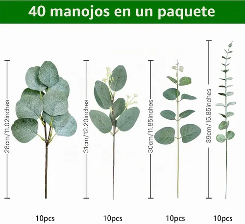 Vista 2 de 40 Piezas 4 Tipos de Tallos de Hojas de Eucalipto Artificial a Granel, Ramas de Vegetación de Eucalipto Falso, Tallos de Hojas Verdes Sintéticos