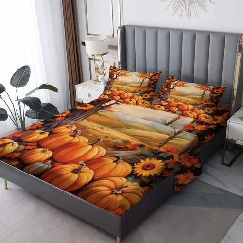 Vista 8 de Juego de sábanas de hojas de otoño tamaño individual, sábanas de microfibra suave y bolsillo profundo, sábanas y fundas de almohada estampadas sin