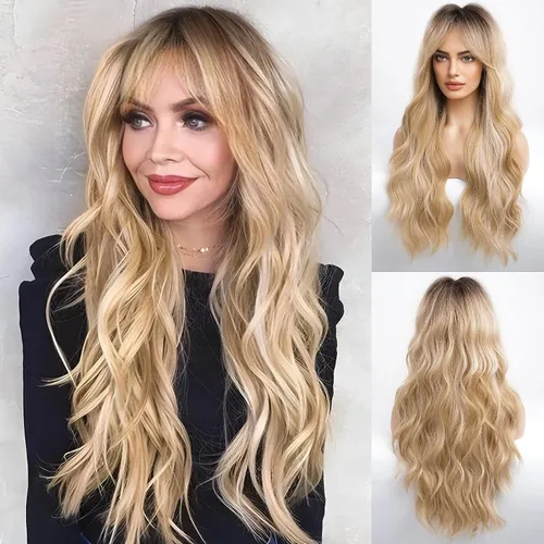 Vista 15 de HAIRCUBE - Peluca marrón con reflejos rubios, peluca larga y rizada con flequillo, peluca marrón de apariencia natural, peluca sintética resistente