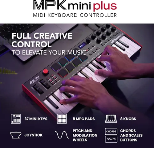 Vista 2 de Akai Professional MPK Mini Plus - Controlador de teclado MIDI USB con 37 teclas mini, 8 almohadillas MPC, secuenciador, E/S MIDI/CV/Gate, software