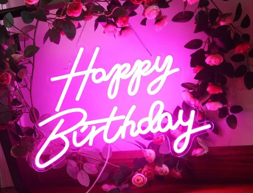 Vista 3 de Letrero LED de neón de feliz cumpleaños, luz nocturna, decoración de fiesta de cumpleaños, funciona con USB, color rosa, funciona con USB