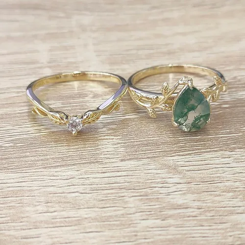 Vista 2 de DONGHU Juego de anillos de compromiso de ágata musgo natural plata10K14K18K oro macizo inspirado en hojas y musgo ágata, ágata verde, vintage, único