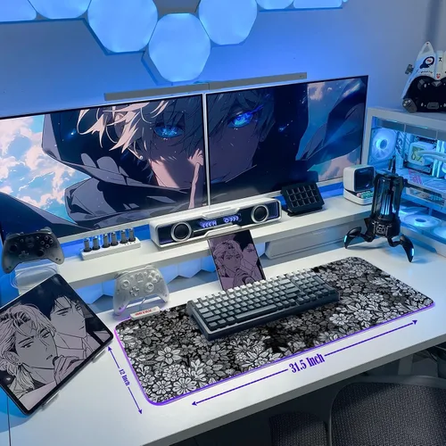 Vista 5 de JMIYAV Alfombrilla de mouse para juegos RGB en blanco y negro, 31.5 x 12 pulgadas, PC XL, grande, extendida y brillante, con luz LED, base de goma