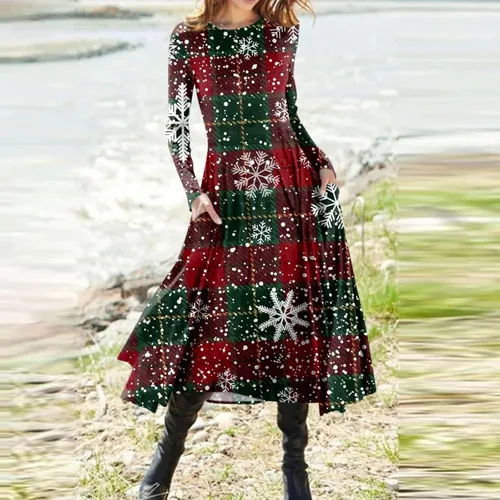 Vista 2 de Vestidos de Navidad para mujer, manga larga, copos de nieve, vestido de fiesta de Navidad, bolsillos irregulares, cuello redondo, vestidos sexys