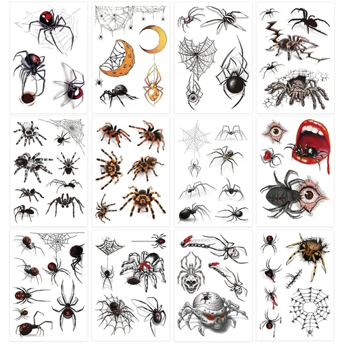 Vista 2 de YOKSAS Calcomanías de tatuaje temporal de araña 3D de terror de Halloween, 12 hojas de tatuajes de maquillaje facial para niños y adultos