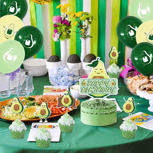 Vista 8 de Decoraciones de cumpleaños de aguacate, suministros para fiestas temáticas de frutas con pancarta de feliz cumpleaños, pancarta de guirnalda
