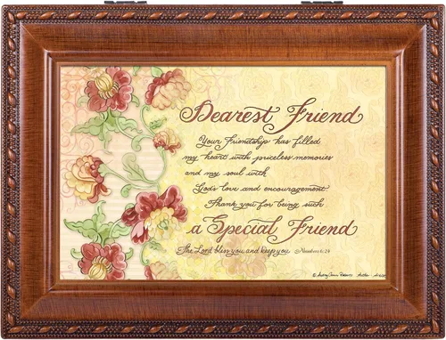Vista 2 de Cottage Garden Dearest Friend Filled My Heart Woodgrain Rope Trim Joyero Caja de música con texto en inglés "Plays Friend in Jesus