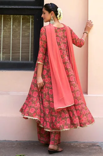 Vista 7 de Janasya Conjunto Kurta Embellecido con estampado floral digital rosa Georgette para mujer