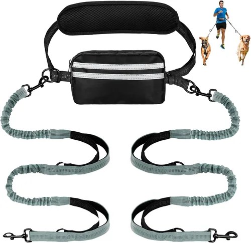Vista 10 de Correa de perro manos libres para dos perros que caminan, correr, con cinturón de cintura, bolsa con cremallera y elástico amortiguador