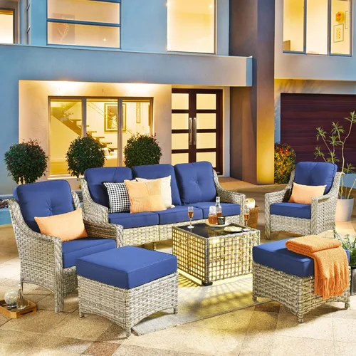 Vista 38 de HOOOWOOO Sofá de patio de 3 plazas de mimbre para exteriores, resistente a todo tipo de clima, con respaldo alto, muebles a juego (beige y bronceado)
