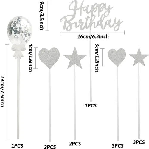 Vista 3 de Decoraciones de cumpleaños plateadas: pancarta de feliz cumpleaños de aluminio, mantel, cortinas de flecos, bandera de pastel, globos de estrella