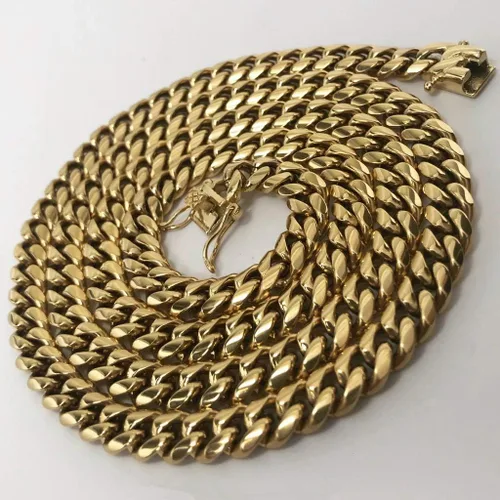 Vista 2 de Gargantillabrazalete con cadena de eslabones cubanos pesados para hombre, de acero inoxidable grueso chapado en oro de 14 quilates, disponible