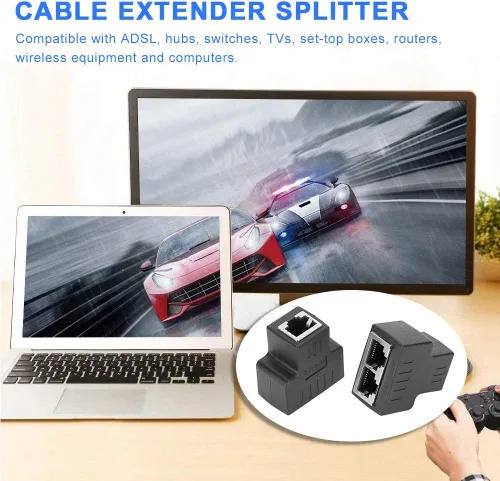 Vista 2 de 2 adaptadores de cable Ethernet, 1 a 2 RJ45 hembra LAN Ethernet Splitter Cable adaptador adaptador RJ45 acoplador RJ45 extensor Ethernet Plug & Play