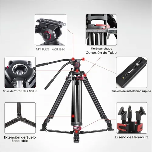 Vista 3 de miliboo MTT609A - Trípodes profesionales resistentes con cabezal de amortiguación ajustable Carga 33 libras, altura 18.5-65.8 pulgadas, cuenco