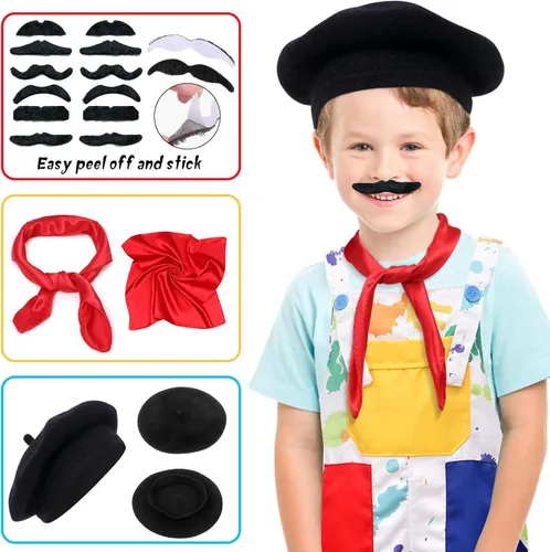 Vista 6 de Tacobear Disfraz de artista para niños con overol, boina, pajarita para barba, cepillo de cubo de pintura, traje de día de la carrera de Halloween