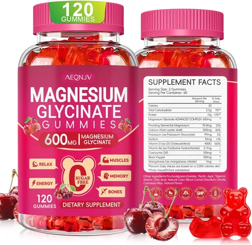 Vista 9 de Gomitas de glicinato de magnesio de 600 mg de alta absorción, glicinato de magnesio para mujeres y hombres con vitamina D, B6 y CoQ10 para adultos