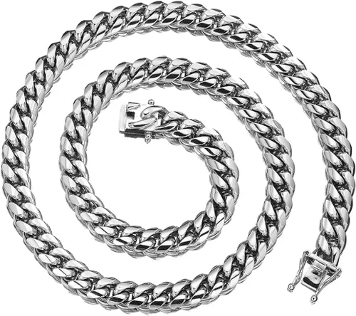 Vista 2 de Collar o pulsera de eslabones cubanos de plata, ancho de 0.450.55 pulgadas, hip hop, joyería para hombre y mujer, cadena de metal de acero