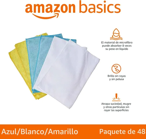 Vista 2 de Paños de limpieza de microfibra Amazon Basics, no abrasivos, reutilizables y lavables, paquete de 48, azul/blanco/amarillo, 16 x 12 pulgadas