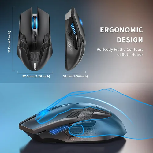 Vista 5 de TECKNET Mouse inalámbrico para juegos, mouse inalámbrico de computadora de 4800 DPI con 8 botones, mouse ergonómico de 2.4 GHz para PC y computadora