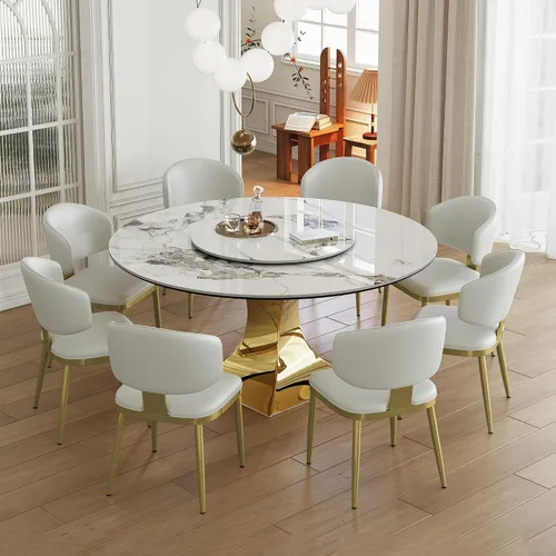 Vista 9 de Juego de mesa de comedor redonda de 9 piezas, moderna mesa de cocina de piedra sinterizada de 59 pulgadas con plato giratorio redondo de 31.5