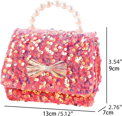Vista 2 de Bolso cruzado de lentejuelas para niños pequeños, con asa superior de perla, lazo con purpurina, cartera para niñas pequeñas, accesorios