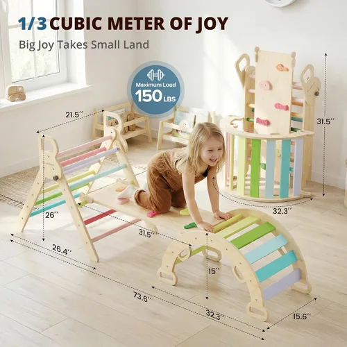 Vista 2 de BlueWood Pikler - Juego de triángulos de madera para niños pequeños, escalador plegable 7 en 1 para interiores para niños, juego de filosofía