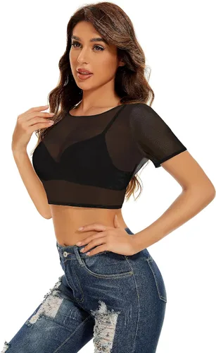Vista 5 de Blusa de malla transparente para mujer, manga corta, manga larga, entallada, para discoteca