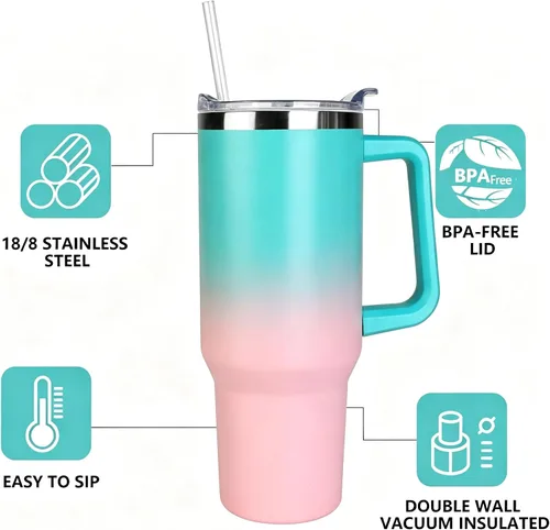 Vista 4 de SYACOT Vaso de 40 onzas con asa y pajita, vaso aislado de acero inoxidable, tapa a prueba de fugas y tapa con pajilla, taza de café de viaje