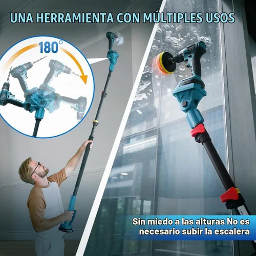 Vista 6 de Taladro telescópico inalámbrico 2 en 1, herramienta de limpieza de taladro de potencia máxima de 20 V con 2 baterías y cargador de 2.0 A, poste