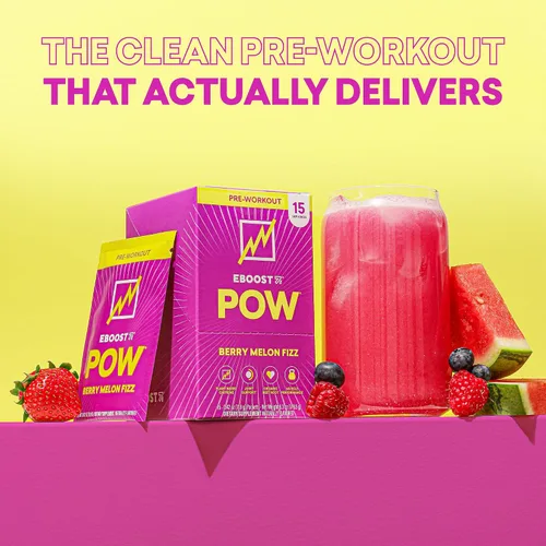 Vista 3 de EBOOST POW Natural - Polvo de preentrenamiento – 15 paquetes – Berry Melon Fizz – Un suplemento preentrenamiento para el rendimiento, apoyo