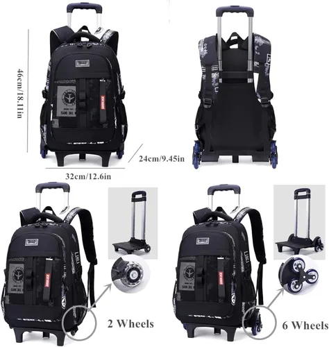 Vista 2 de Mildame Mochila con ruedas para niños, mochila escolar con ruedas, Graffiti blanco y negro 2 ruedas