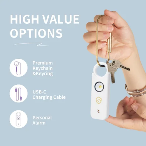 Vista 3 de Alarma personal para mujer, diseñada por mujeres, alarma de altavoces dobles extra fuertes con luz estroboscópica, recargable, alarmas personales