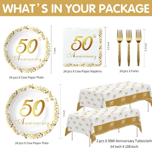 Vista 2 de APOWBLS Decoraciones y suministros para el 50 aniversario – Decoración dorada del 50 aniversario de boda, suministros para fiesta, plato de papel