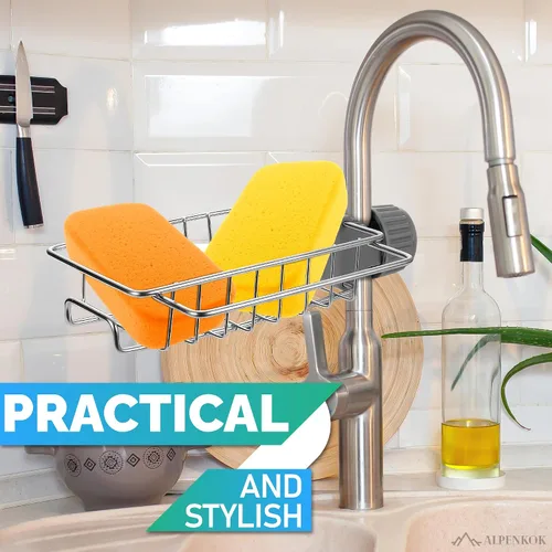 Vista 8 de Soporte de esponja para grifo para fregadero de cocina, se adapta a tubo de 0.78 a 0.98 pulgadas de diámetro, elegante organizador de grifos