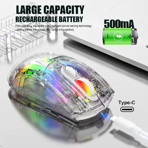 Vista 3 de Attoe Ratón inalámbrico Bluetooth, ratón mecánico RGB transparente para juegos de modo dual, un mouse USB imprescindible para computadora