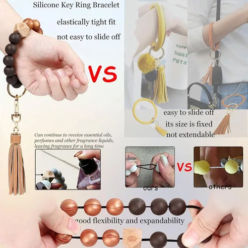 Vista 4 de BIHRTC Llavero de silicona con cuentas, pulsera de piel sintética con borla, llavero portátil, llaves de coche, llavero, llavero para mujer, niña