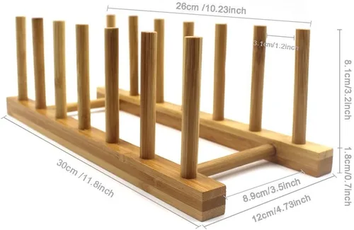 Vista 5 de Rejilla de secado con soporte de bambú, para organizar platos, sartén, cuenco, copa, libro, tapa de olla para gabinete de cocina o encimera