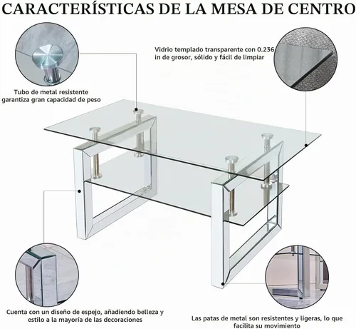 Vista 5 de Mesa de centro de cristal de 39 pulgadas, moderna mesa de centro de vidrio templado de 2 capas, mesas rectangulares para sala de estar, muebles