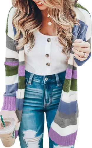 Vista 10 de ECOWISH Suéter largo para mujer, cárdigan de punto a rayas, manga larga 68 Azul