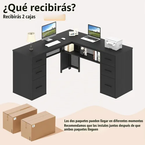 Vista 6 de HSH Escritorio negro en forma de L con cajones, escritorio de esquina con Roble negro